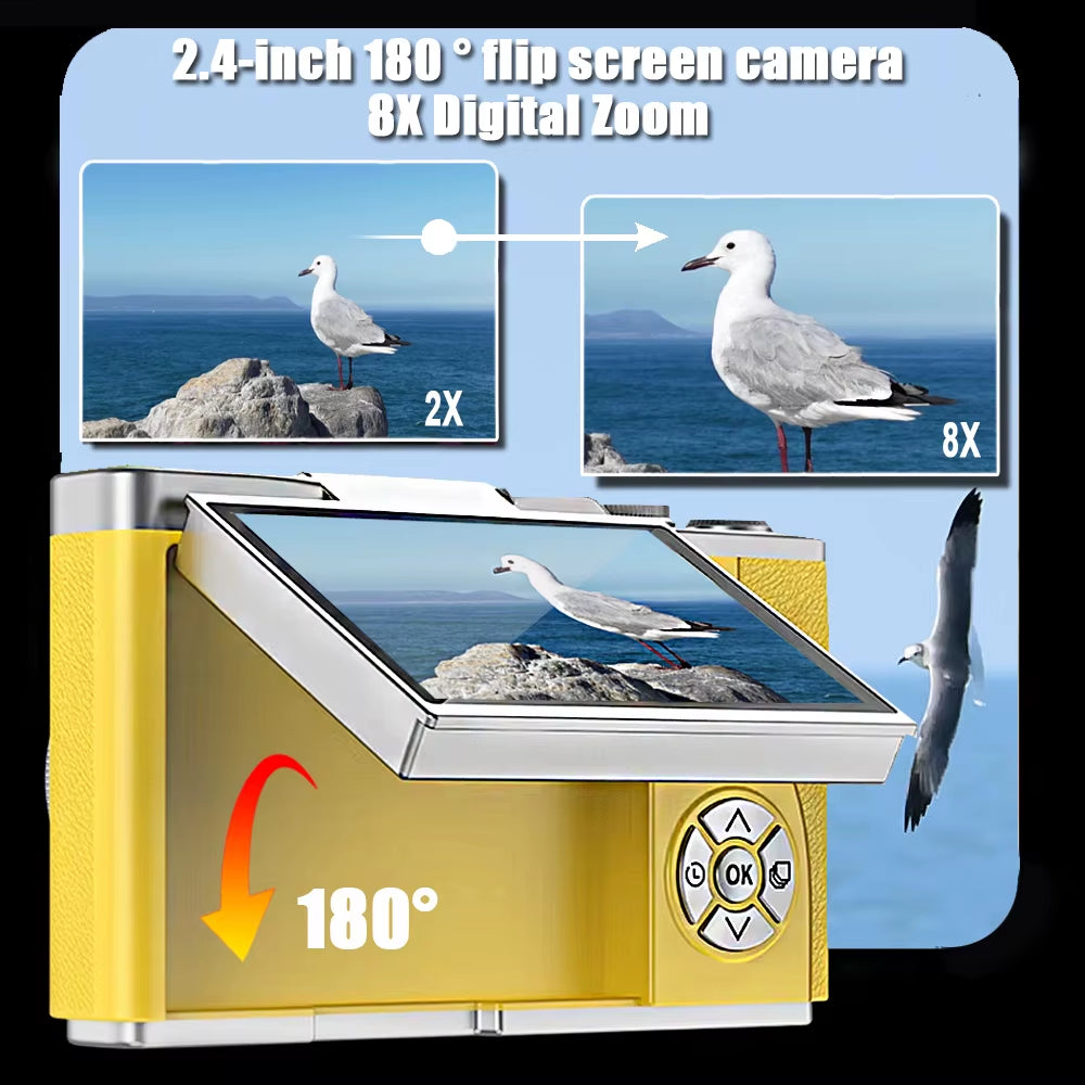 4K CCD 8X Digital Zoom Digital Camera for Student 48MP Compact Digital Photography Camera 180°Flip Screen Selfile Camera